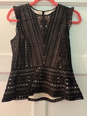 Parker Black Lace Flutter Sleeveless Peplum Blouse